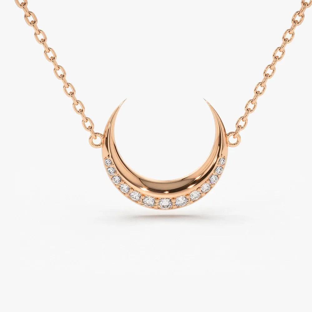 14K Solid Gold Round Diamond Micro Pave Horizontal Crescent Moon Necklace 0.26ctw