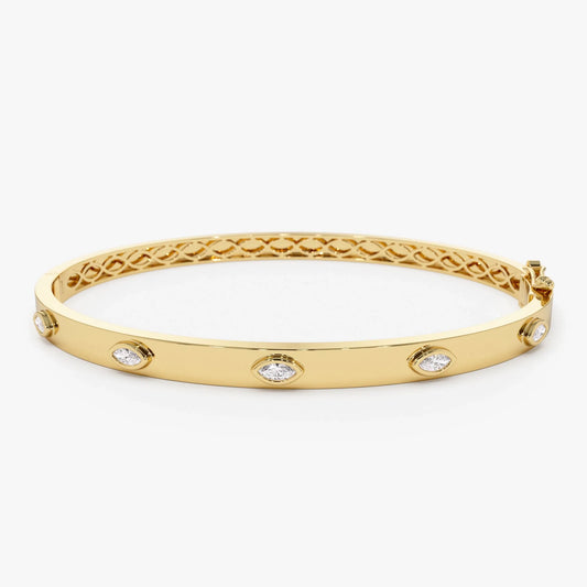 14K Solid Gold 0.30 CTW Marquise Diamond Bezel Set Bangle