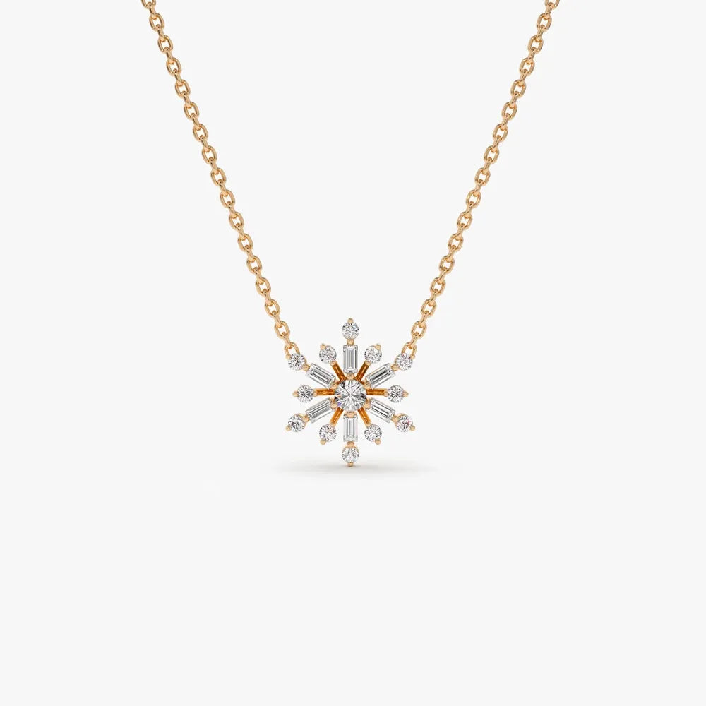 14K Solid Gold Baguette and Round Diamond Snowflake Pendant Necklace 0.25ctw