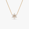 14K Solid Gold Baguette and Round Diamond Snowflake Pendant Necklace 0.25ctw