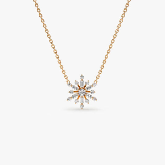 14K Solid Gold Baguette and Round Diamond Snowflake Pendant Necklace 0.25ctw