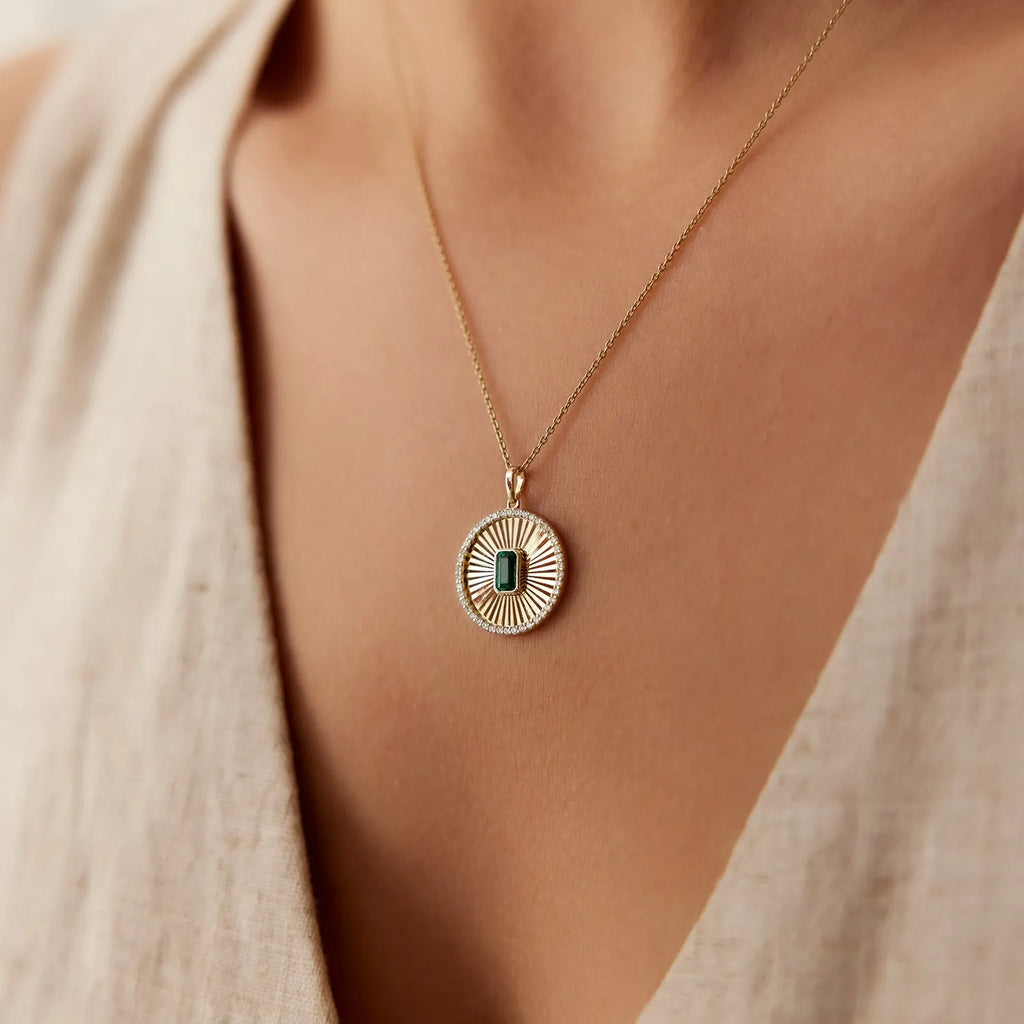 14k Solid Gold Emerald-Cut Emerald 0.35 CTW and Round Diamond 0.25 CTW Medallion Disc Pendant Necklace