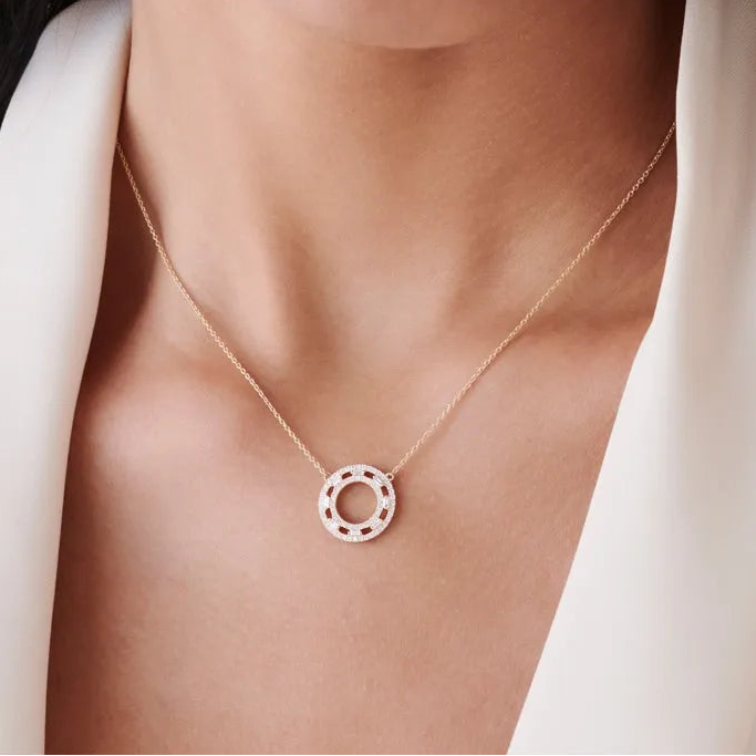 14k Solid Gold Round and Baguette Diamond Full Circle Necklace 0.44 Carat