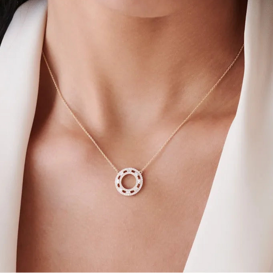 14k Solid Gold Round and Baguette Diamond Full Circle Necklace 0.44 Carat