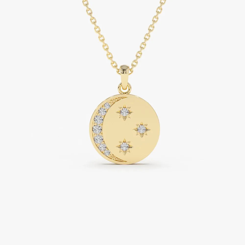 14K Solid Gold Round Diamond Moon and Crescent Pendant Necklace Prong Setting 0.23ctw