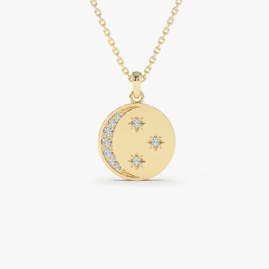 14K Solid Gold Round Diamond Moon and Crescent Pendant Necklace Prong Setting 0.23ctw