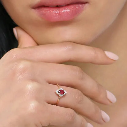 14k Gold Ruby and Diamond Oval Round Cut Victorian Ring Prong Micro Pave 0.58 ctw