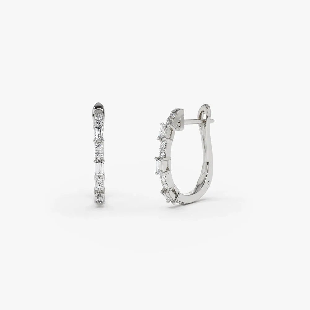 14k Gold Diamond Baguette and Round Cut Earrings 0.28 ctw