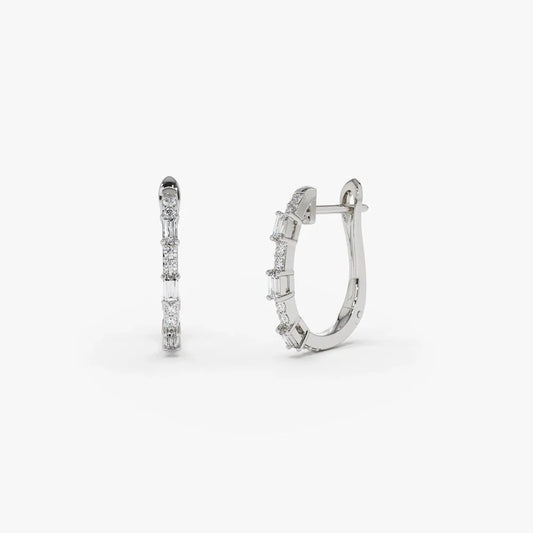 14k Gold Diamond Baguette and Round Cut Earrings 0.28 ctw