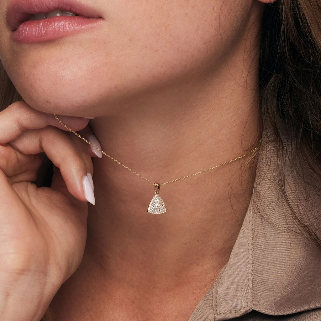 14K Solid Gold 0.42 CTW Round Baguette and Princess Cut Diamond Triangle Cluster Necklace