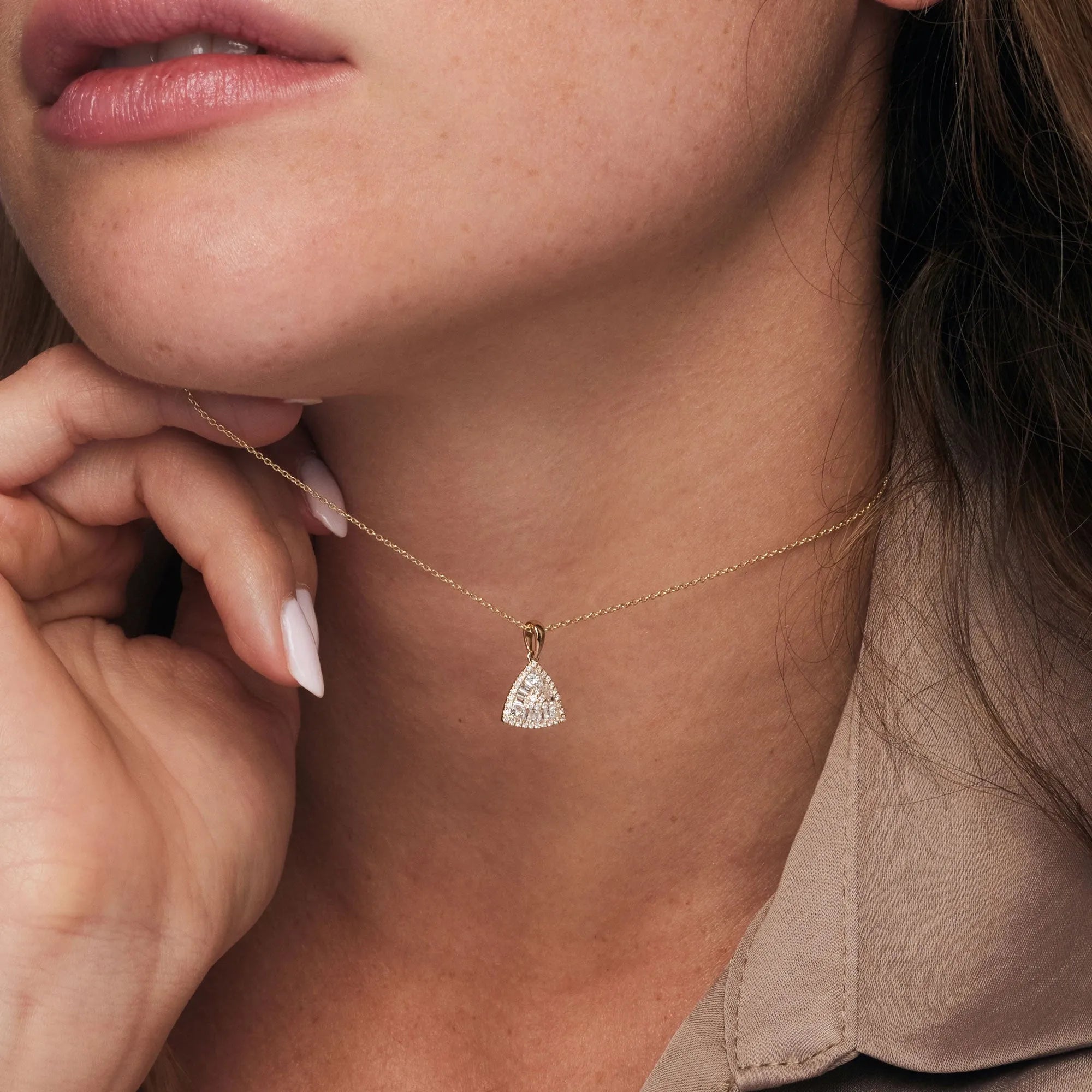 14K Solid Gold 0.42 CTW Round Baguette and Princess Cut Diamond Triangle Cluster Necklace