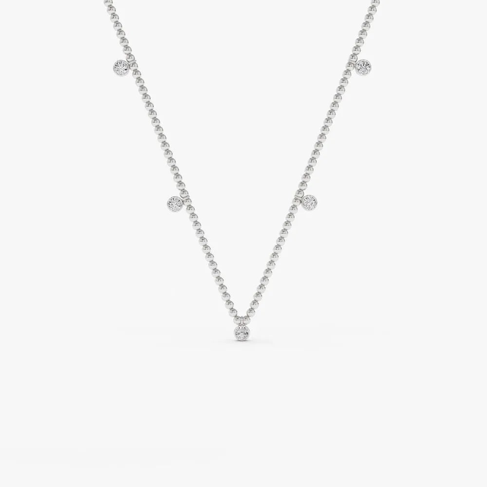 14K Solid Gold Round Diamond 5 Stone Dangling Bezel Set 2mm Bead Necklace 0.36ctw