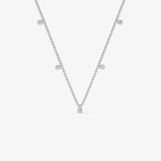 14K Solid Gold Round Diamond 5 Stone Dangling Bezel Set 2mm Bead Necklace 0.36ctw