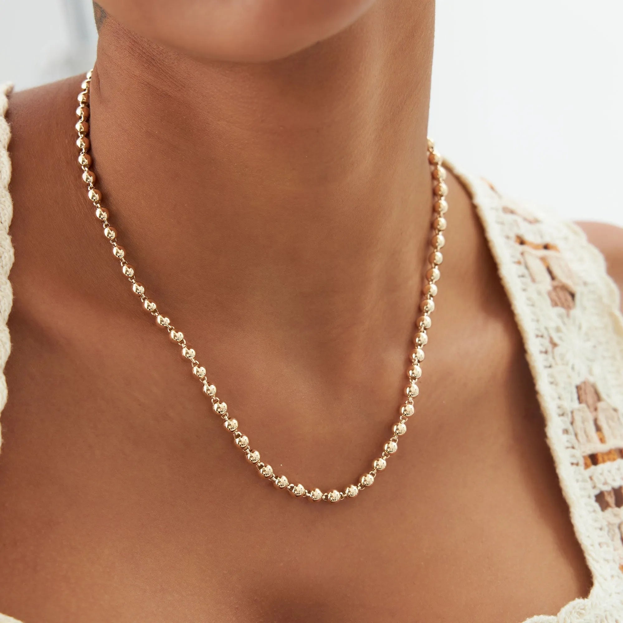 14k Solid Gold Round Bead Ball Necklace
