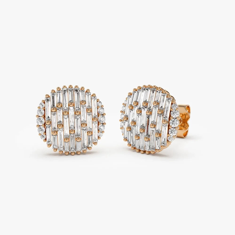 14k Gold Diamond Baguette and Round Needle Cut Statement Earrings 1.23 ctw