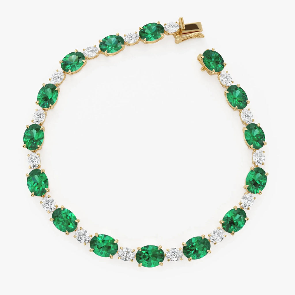 14K Solid Gold Lab Grown Colombian Emerald Cut Lab Grown Diamond 4 Prong Bracelet
