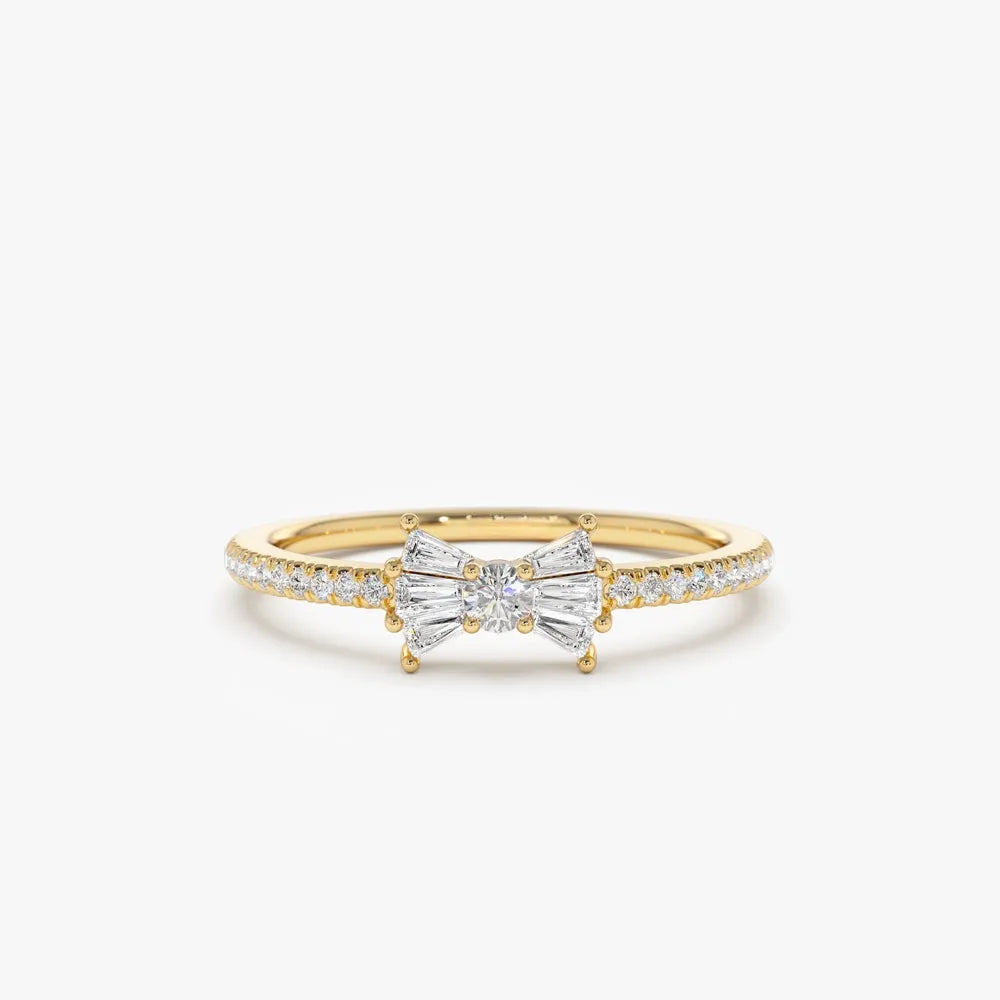 14k Gold 0.25 ctw Baguette and Round Diamond Bow Ring