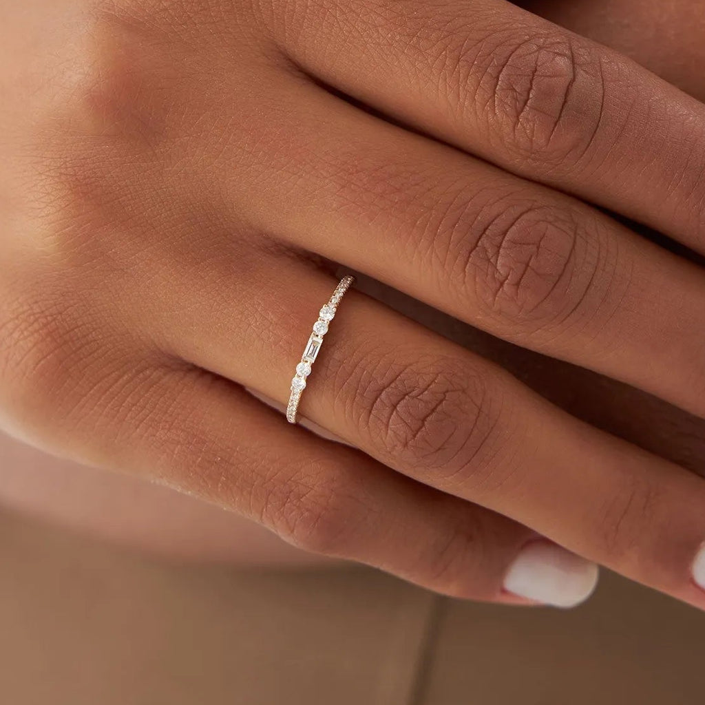 14K Gold Baguette and Round Diamond Stackable Ring 0.19 ctw