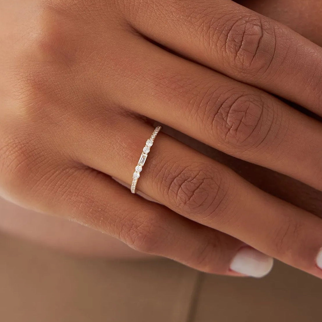 14K Gold Baguette and Round Diamond Stackable Ring 0.19 ctw