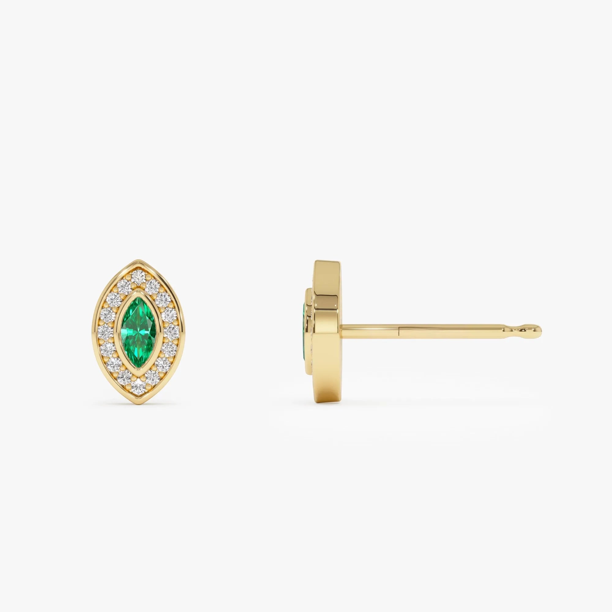14k Solid Gold Marquise Emerald and Round Diamond Halo Stud Earrings 0.41 ctw