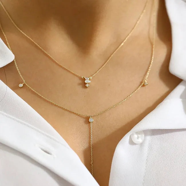 14K Solid Gold Baguette and Round Diamond Necklace Bezel and Channel Setting 0.13ctw