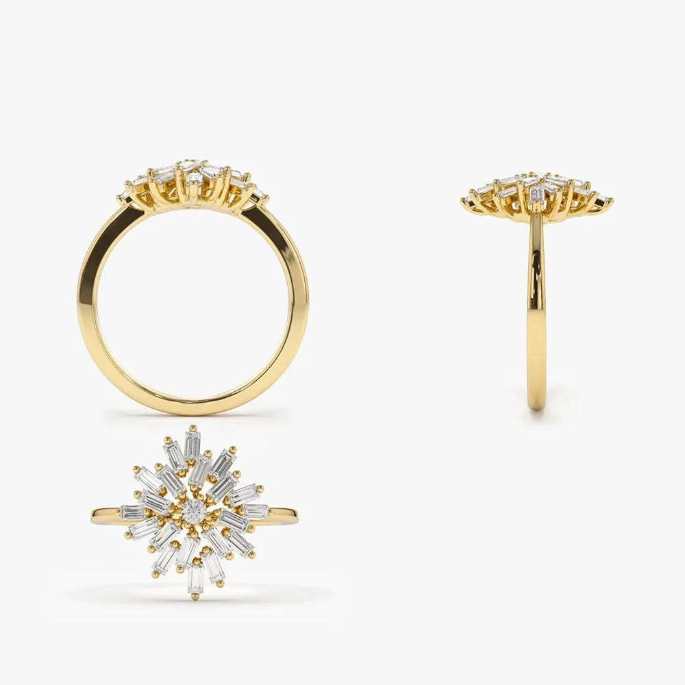 14K Gold 0.58 CTW Baguette and Round Diamond Ballerina Cluster Ring