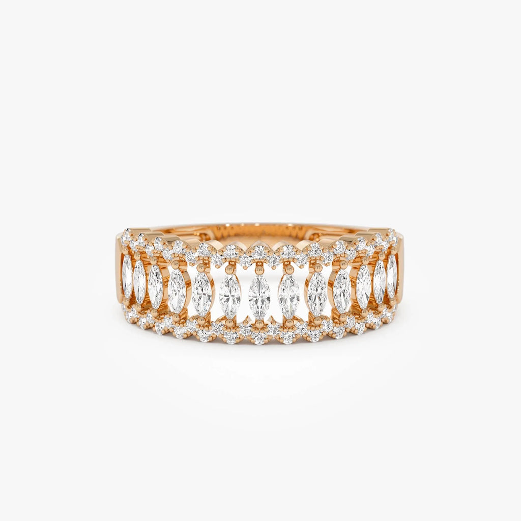14k Solid Gold Marquise and Round Diamond 0.58 Carat Wide Pave Band Ring