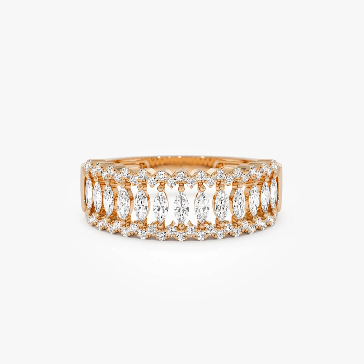 14k Solid Gold Marquise and Round Diamond 0.58 Carat Wide Pave Band Ring