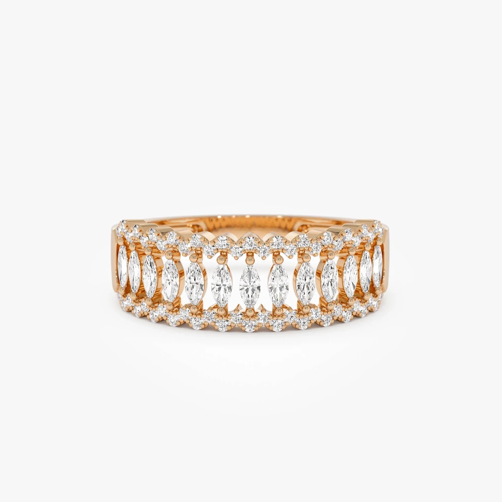 14k Solid Gold Marquise and Round Diamond 0.58 Carat Wide Pave Band Ring