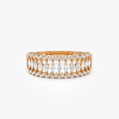 14k Solid Gold Marquise and Round Diamond 0.58 Carat Wide Pave Band Ring