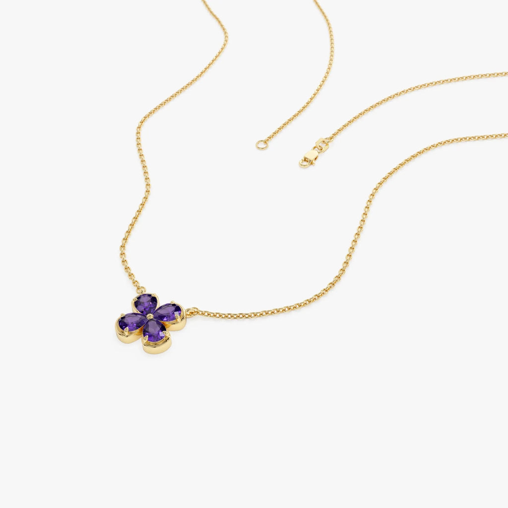 14k Solid Gold Amethyst Pear Shaped Four Leaf Clover Necklace 0.55 Carat