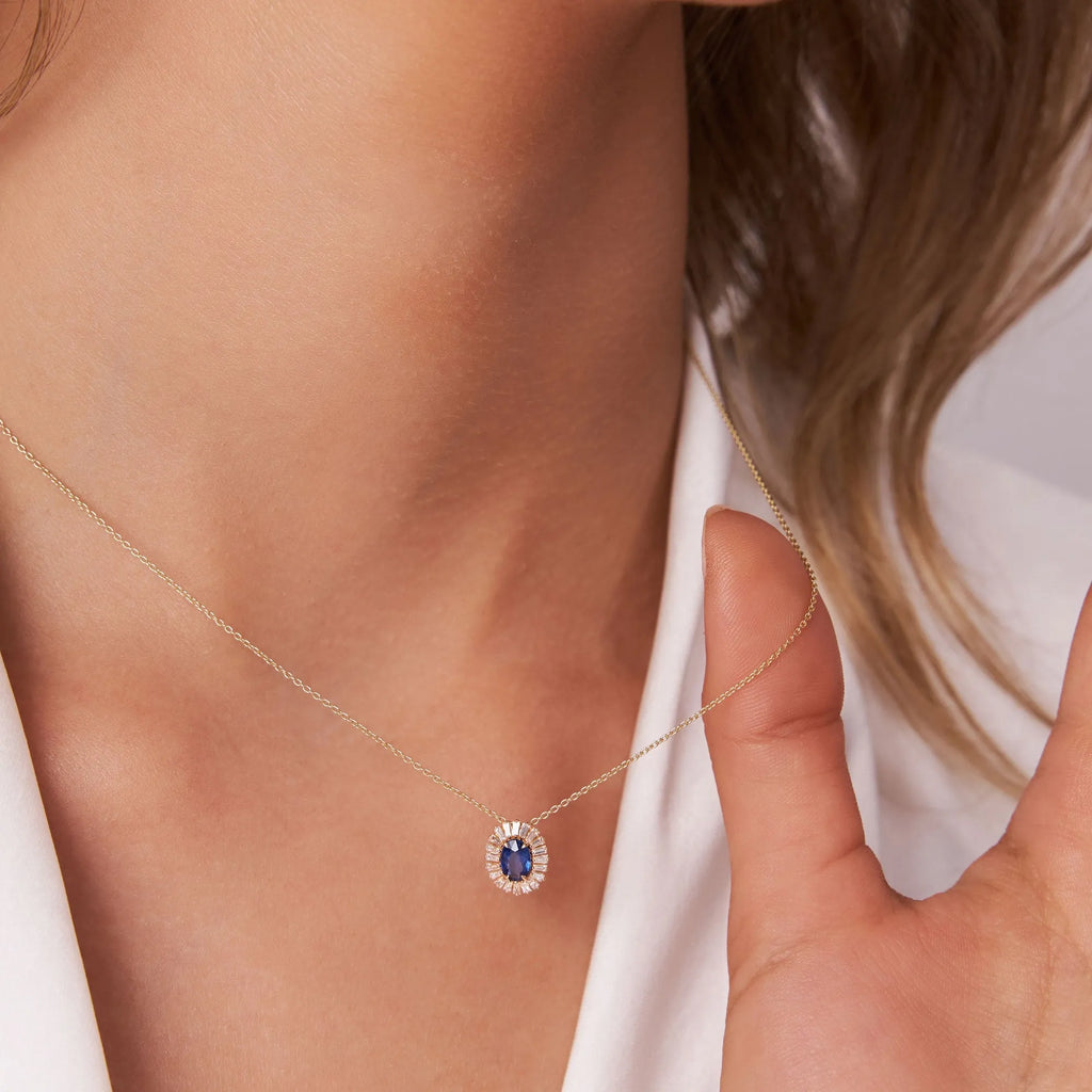 14k Solid Gold Sapphire and Diamond Oval Baguette Halo Necklace 0.70 Carat Prong Setting