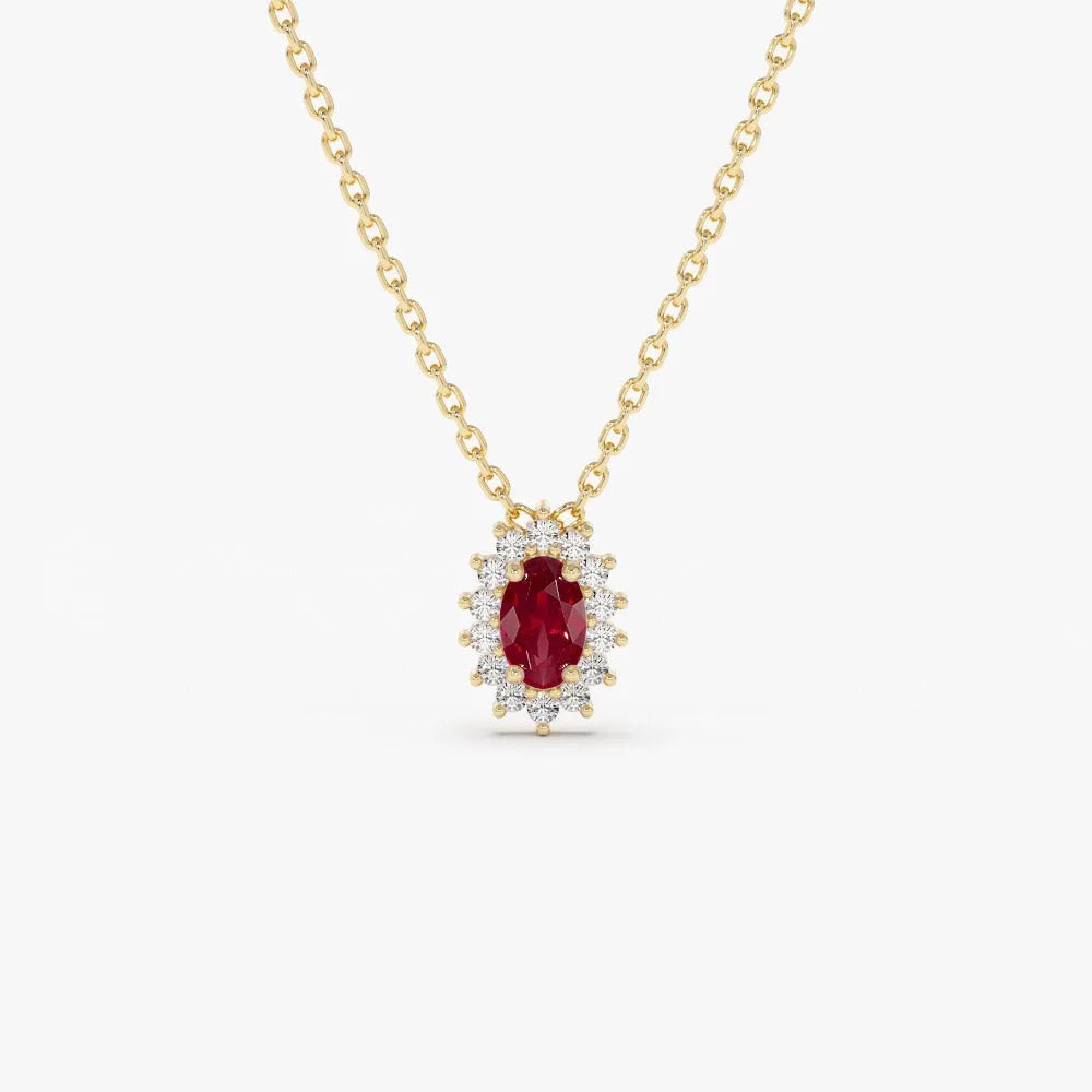 14k Solid Gold Ruby and Diamond Oval Halo Necklace 0.40 Carat