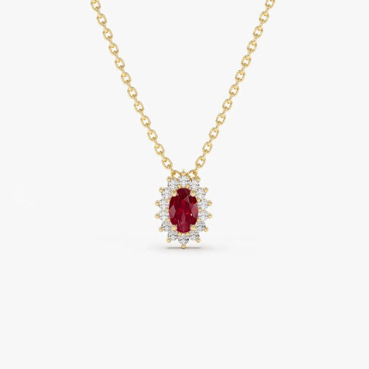14k Solid Gold Ruby and Diamond Oval Halo Necklace 0.40 Carat