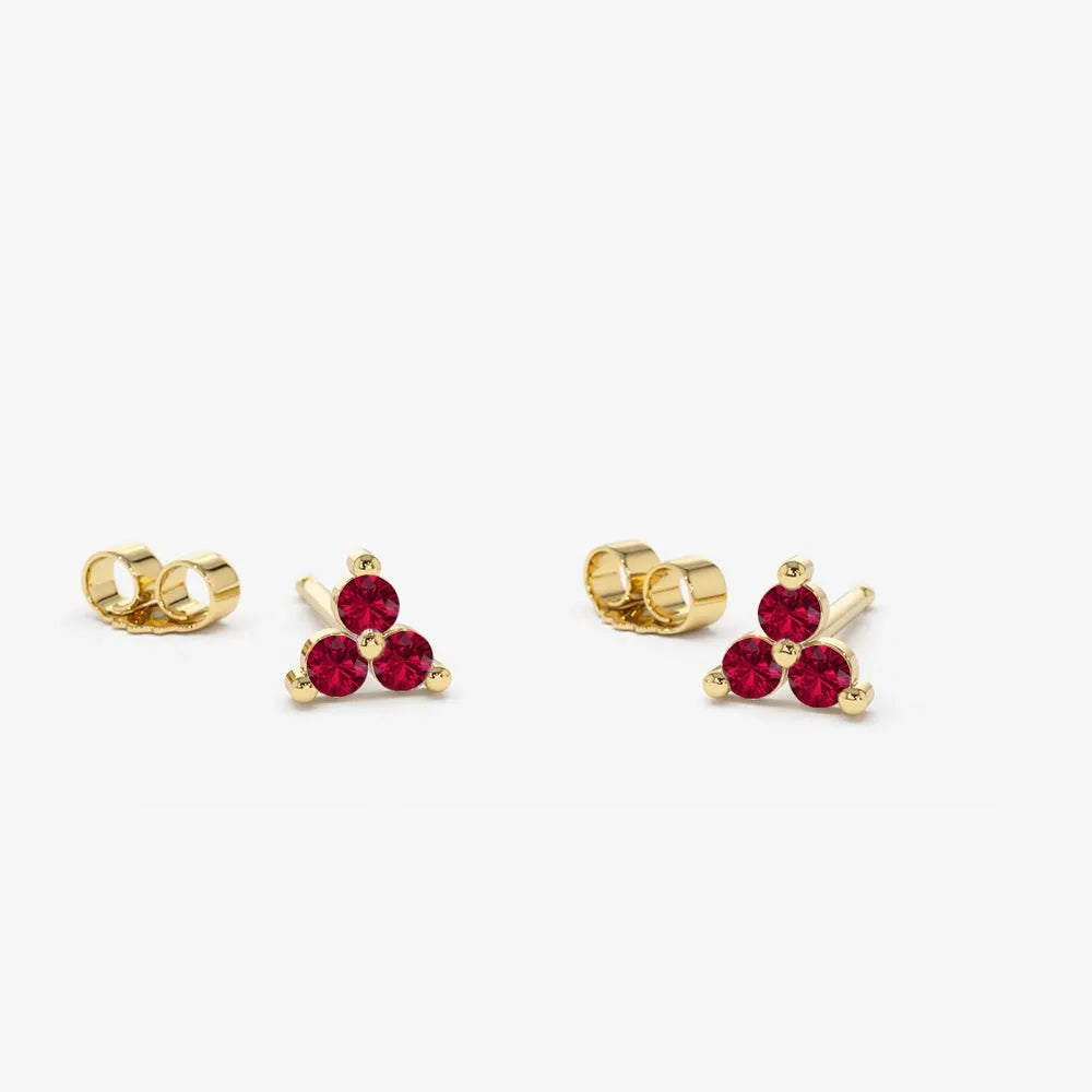 14k Gold Ruby Round Cut Trio Cluster Stud Earrings Prong Setting 0.15 ctw