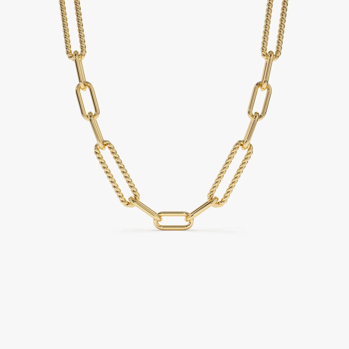 14k Solid Gold Twisted Rope and Plain Oval Paperclip Link Necklace