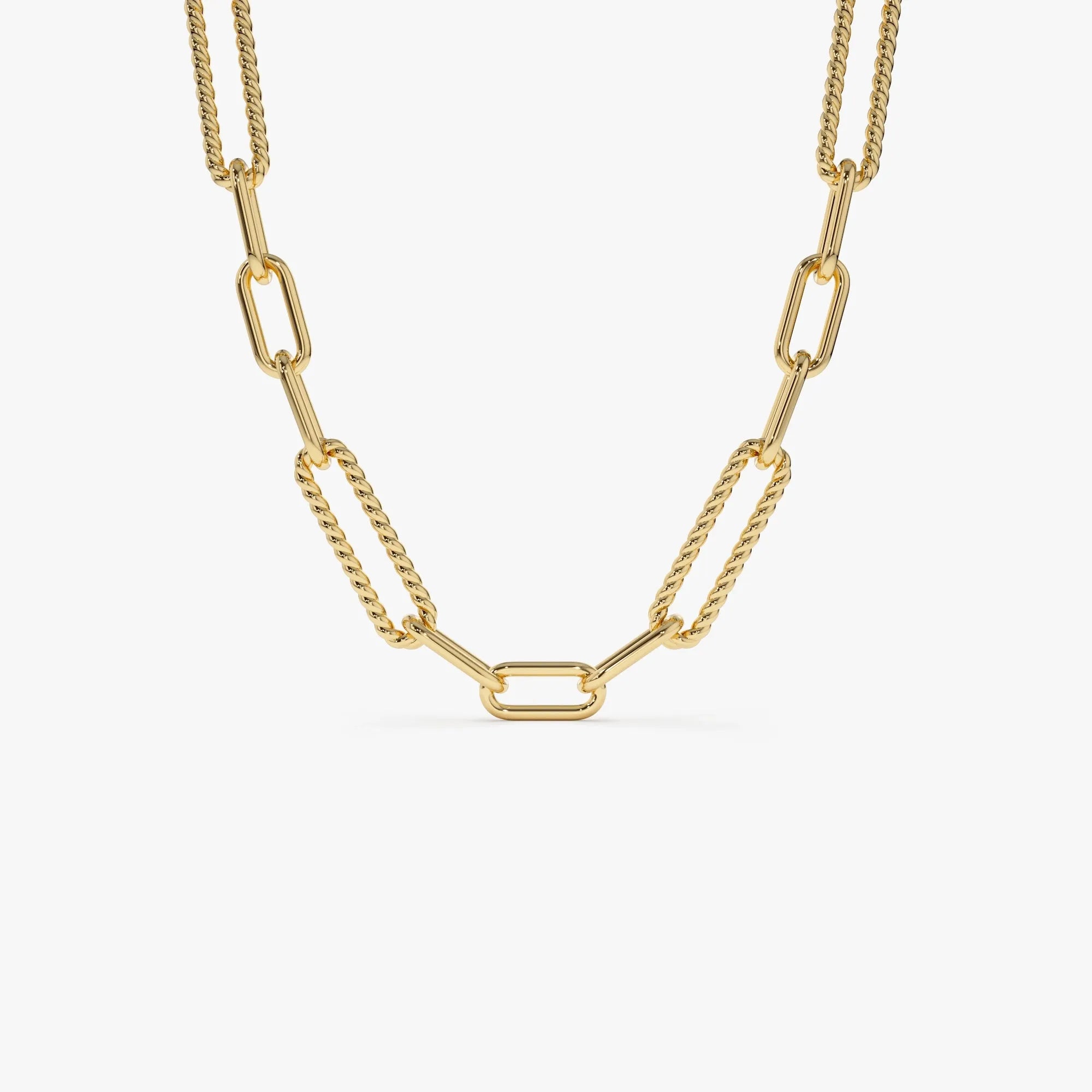 14k Solid Gold Twisted Rope and Plain Oval Paperclip Link Necklace