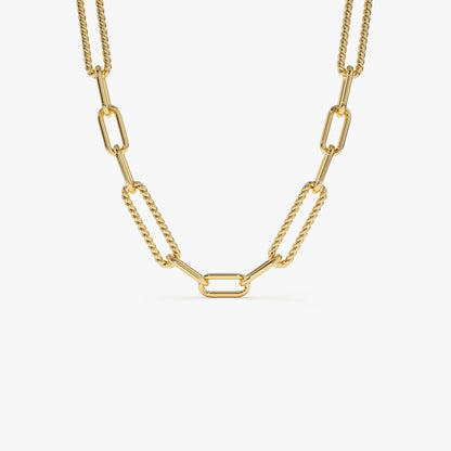 14k Solid Gold Twisted Rope and Plain Oval Paperclip Link Necklace