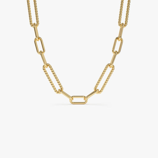 14k Solid Gold Twisted Rope and Plain Oval Paperclip Link Necklace