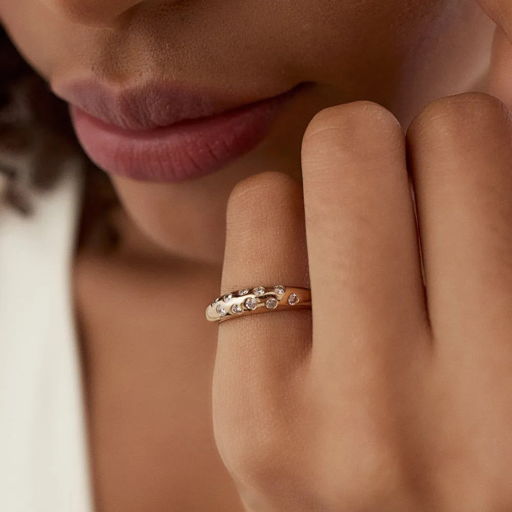 14K Solid Gold Round Diamond 0.30 Carat Dome Zig Zag Flush Setting Ring