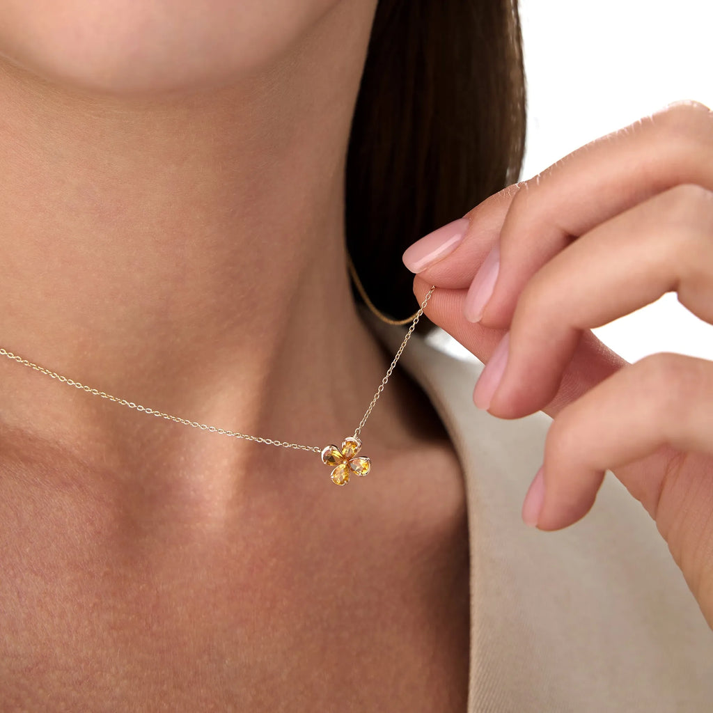 14k Solid Gold Citrine Pear Shaped Four Leaf Clover Necklace 0.55 Carat