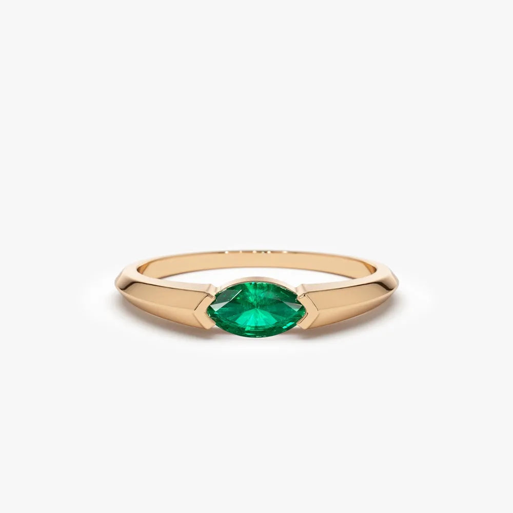 14K Gold Horizontal Marquise Natural Emerald Ring 0.25 CTW Handcrafted Jewelry