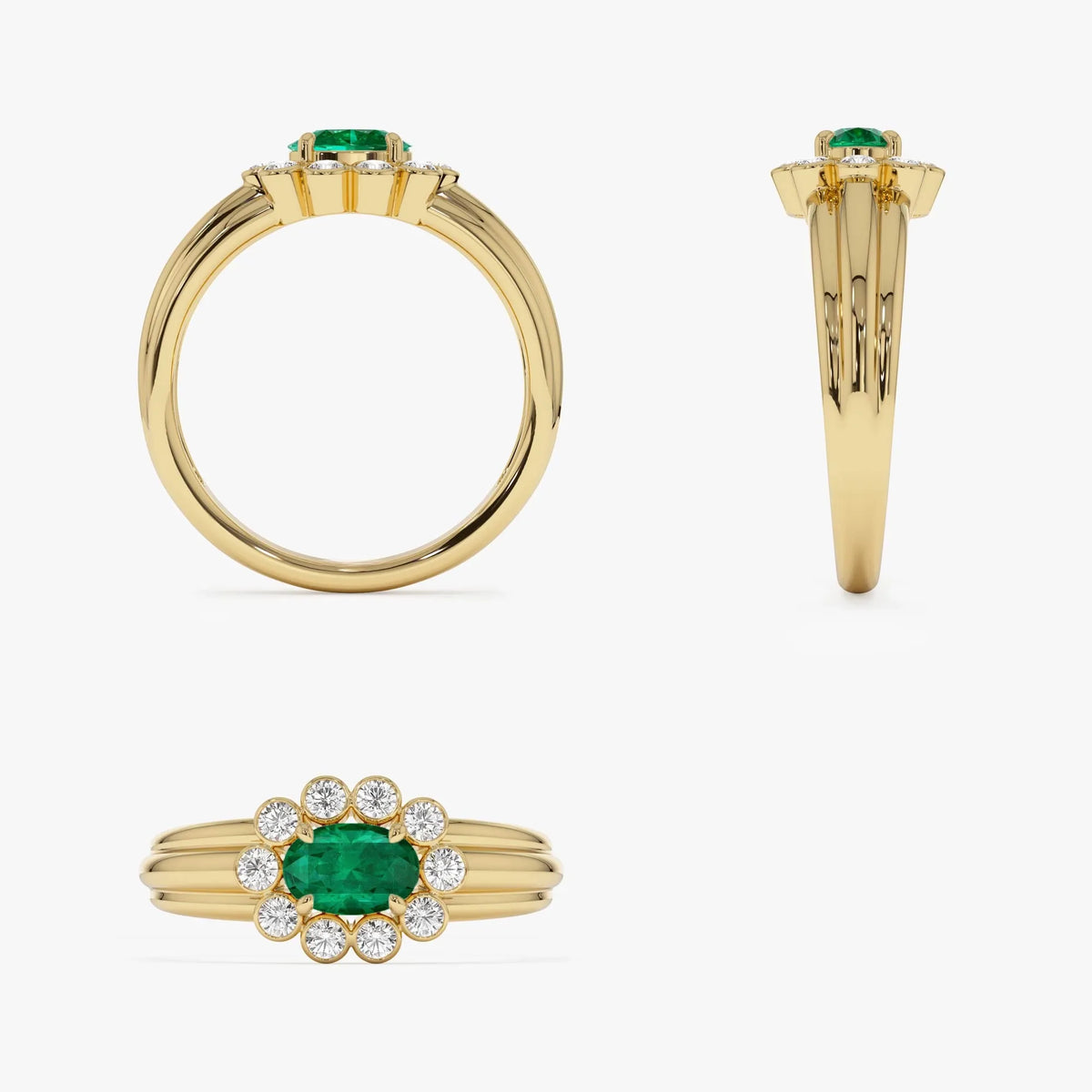 14K Solid Gold Oval Emerald and Round Diamond Bezel Halo Ring 0.60 CTW