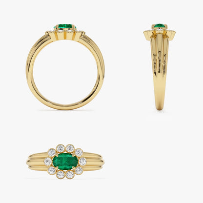14K Solid Gold Oval Emerald and Round Diamond Bezel Halo Ring 0.60 CTW