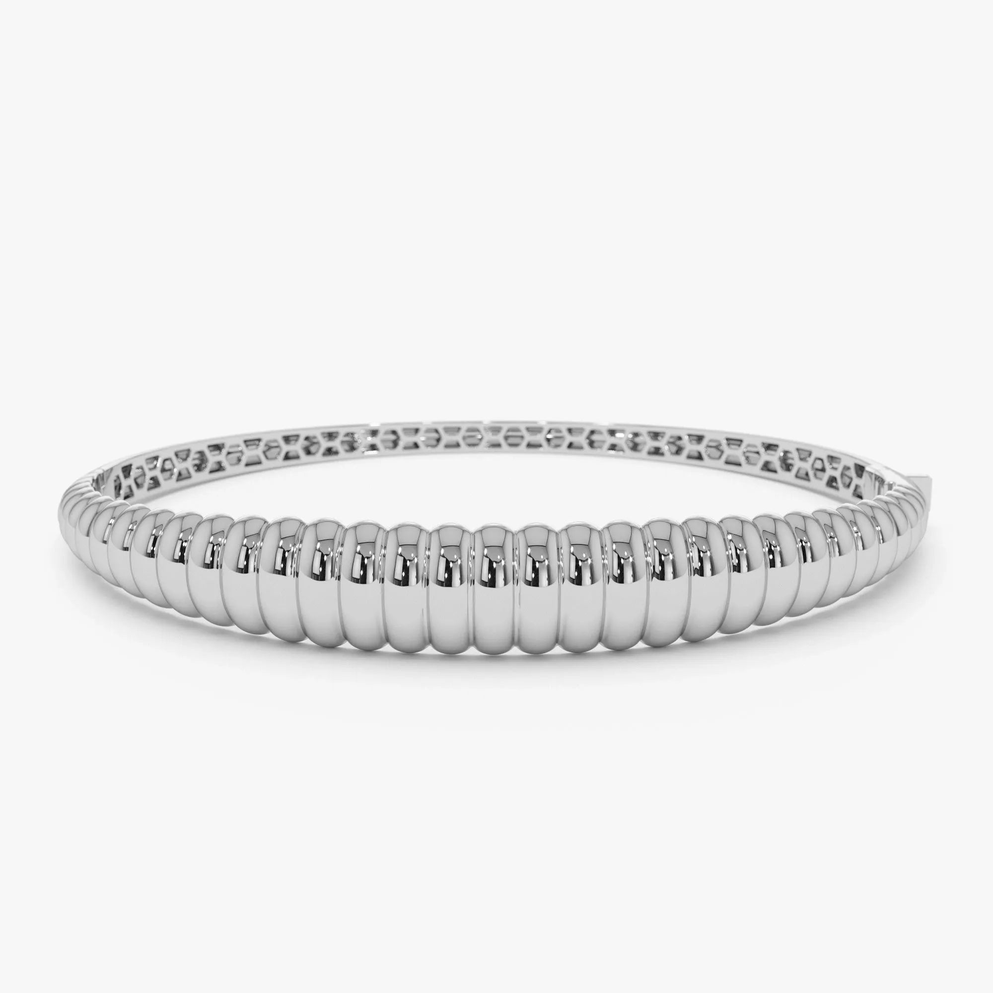 14K Solid Gold Wide Chunky Ribbed Bangle Bracelet