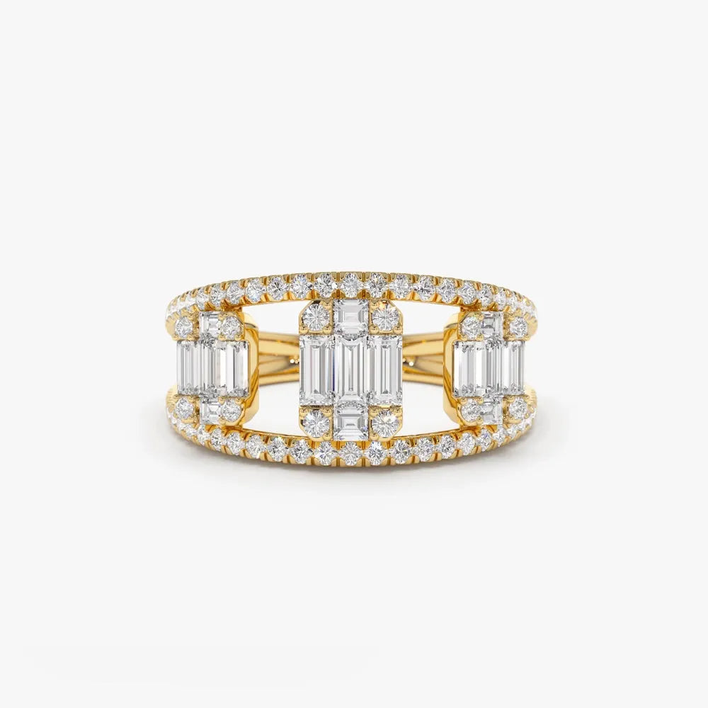 14K Gold 0.80 Carat Baguette and Round Diamond Illusion Setting Cocktail Ring