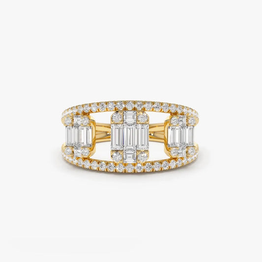 14K Gold 0.80 Carat Baguette and Round Diamond Illusion Setting Cocktail Ring