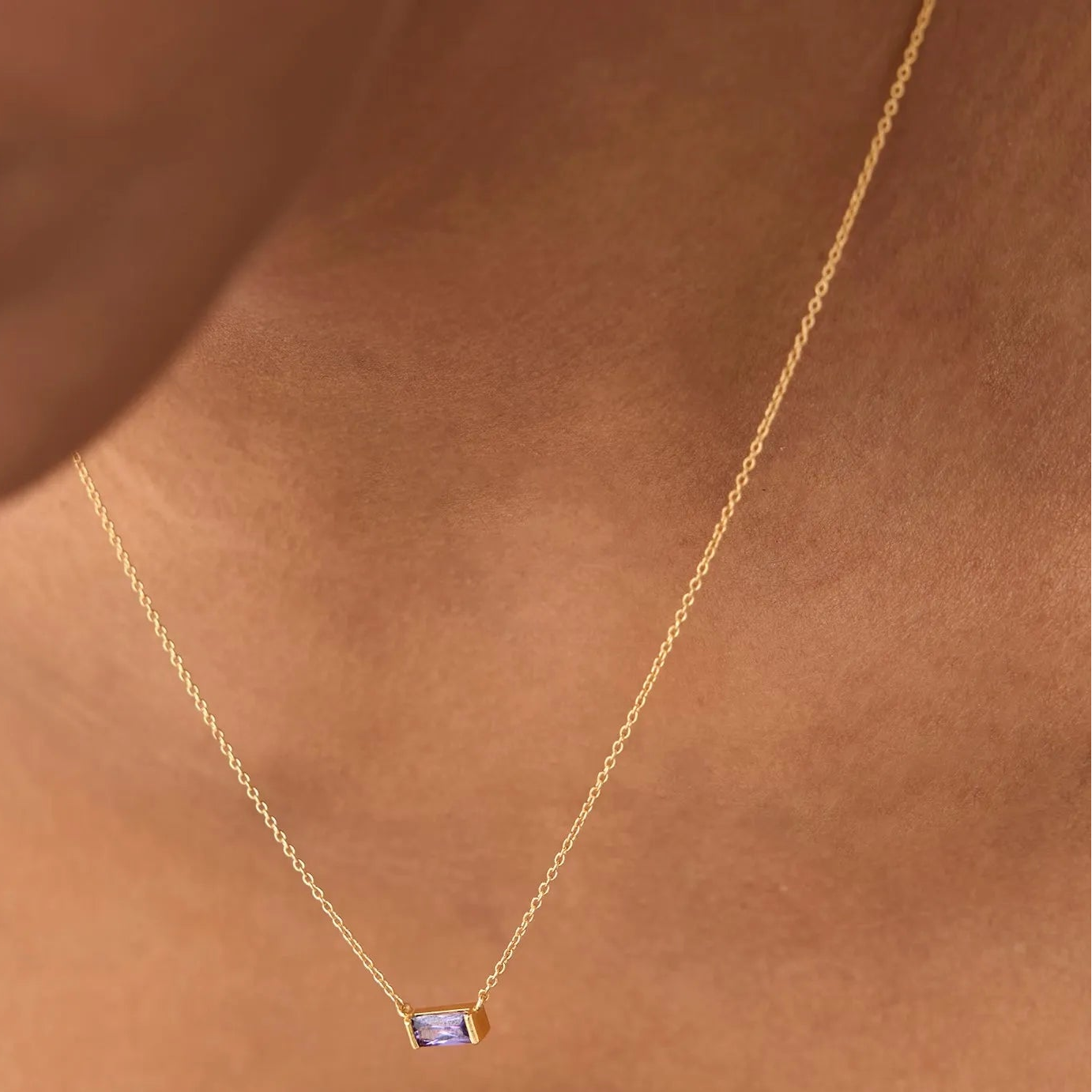 14k Solid Gold Amethyst Baguette Birthstone Necklace 0.35 Carat