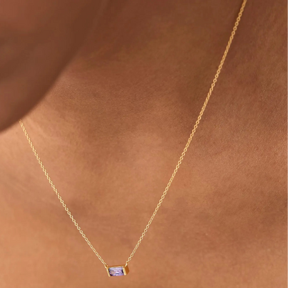 14k Solid Gold Amethyst Baguette Birthstone Necklace 0.35 Carat