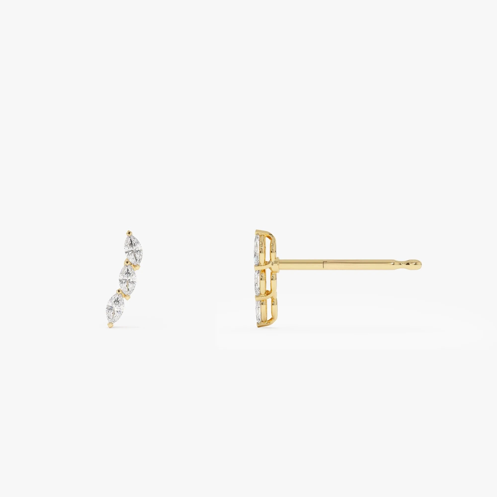 14k Gold Diamond Marquise Cut Three Stone Stud Earrings 0.18 ctw